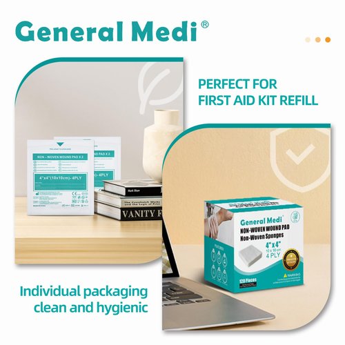 General Medi Sterile Gauze Sponges, 4" x 4" Non-Woven Wound Pads - Individually Wrapped Highly Absorbent Sponges Pads for Cushioning Minor Wounds, Cuts & Burns Wound Care (60 Packs, 120 Pieces Total)
