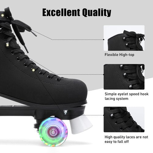 FEETCITY High-Top Roller Skates - Adult & Youth, Indoor & Outdoor, 4-Wheel Double Row, Size 6 - Black