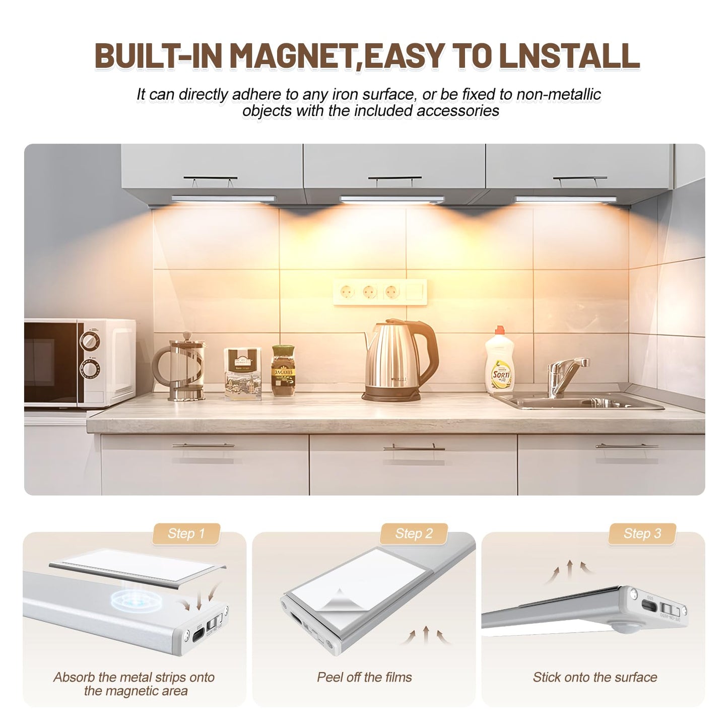 6 Pack Under Cabinet Lights Wireless, 50 LED Motion Sensor Light Indoor Rechargeable Magnetic Closet Lights Battery Operated, Under Counter Lights for Kitchen, Wardrobe, Stairs, Warm Light