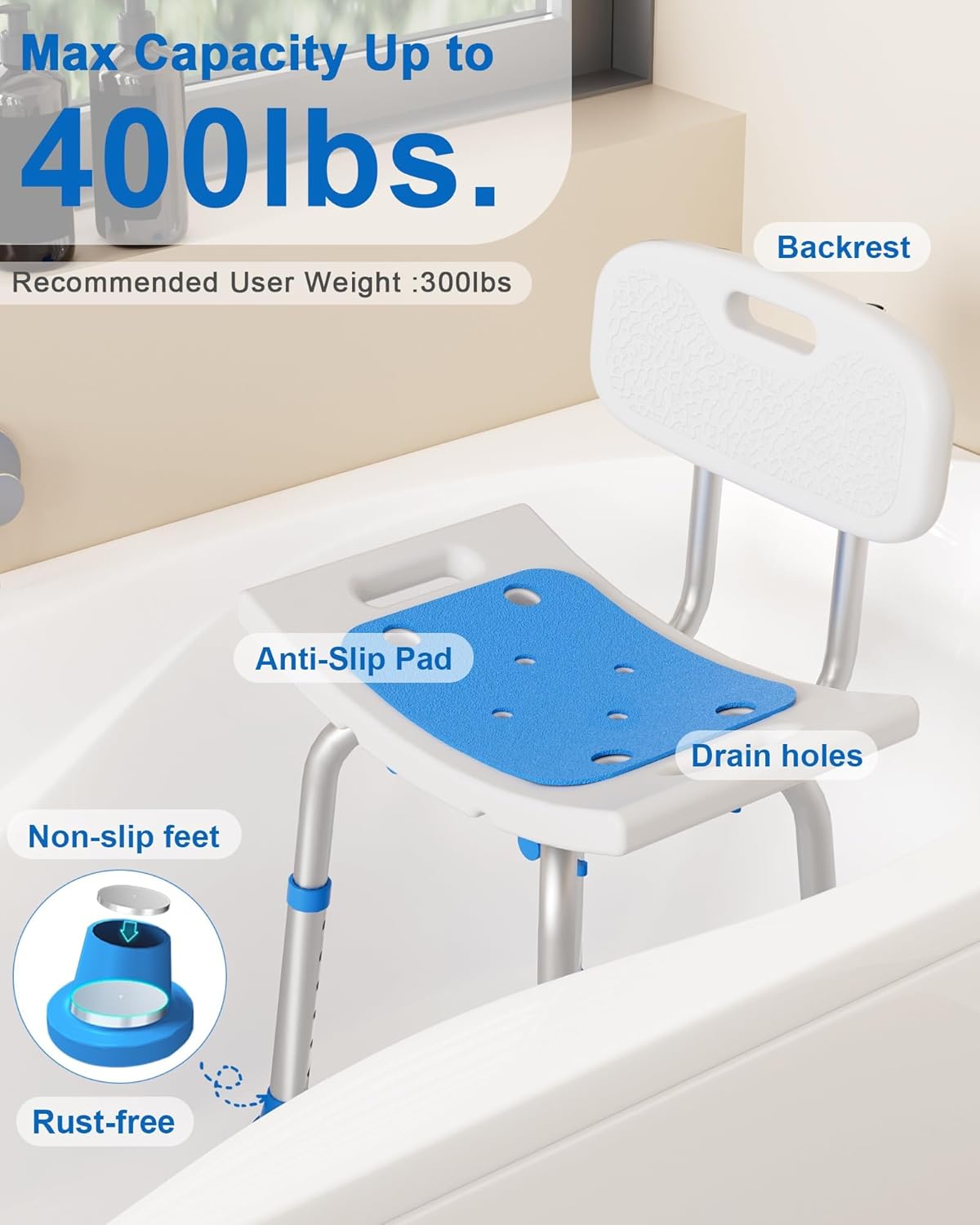 Heavy Duty Shower Chair for Seniors - 400 lbs Capacity, Removable Back, Safe Bath Seat for Bathtub - Gray