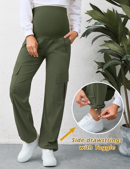 AMPOSH Women's Maternity Cargo Pants with 6 Pockets Quick-Dry Pregnancy Hiking Pants(Olive, L)