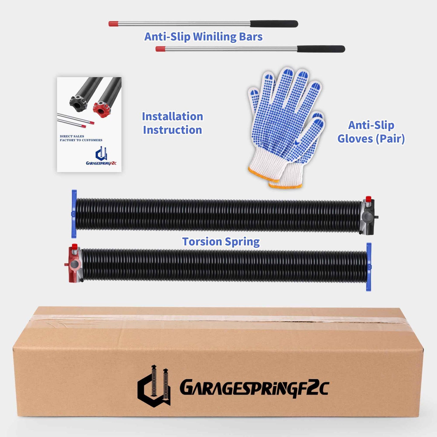 GarageSpringF2C One Pair of 2" Garage Door Torsion Springs, Electrophoresis Coated Garage Spring Set for Replacement with Non-Slip Winding Bars - Size 234x2x27"