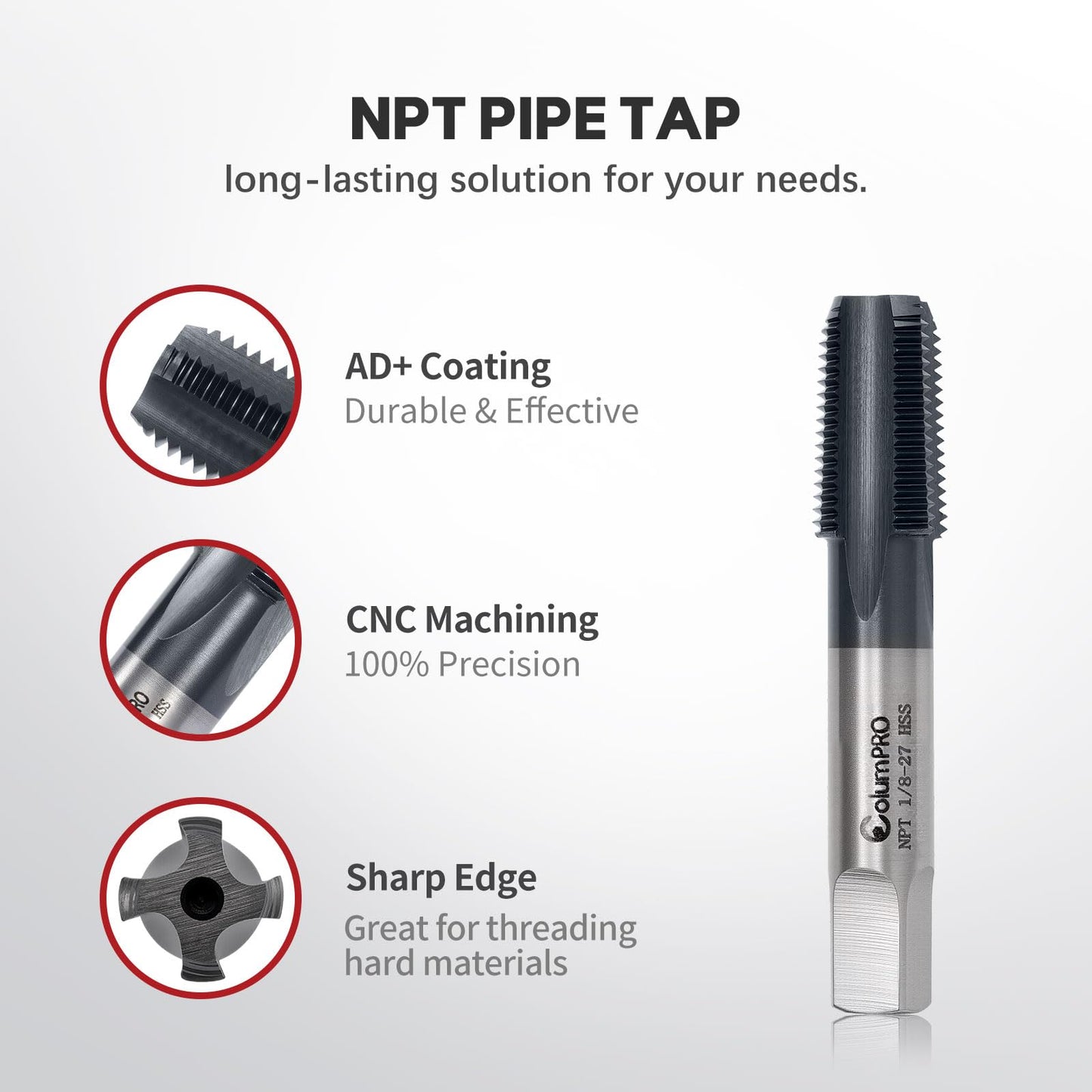 ColumPRO 1/8”-27 NPT Pipe Tap, High-Speed Steel Thread Tap with AD+ Coating, Heavy-Duty Threading Tool for Stainless Steel, Brass, PVC, Metal
