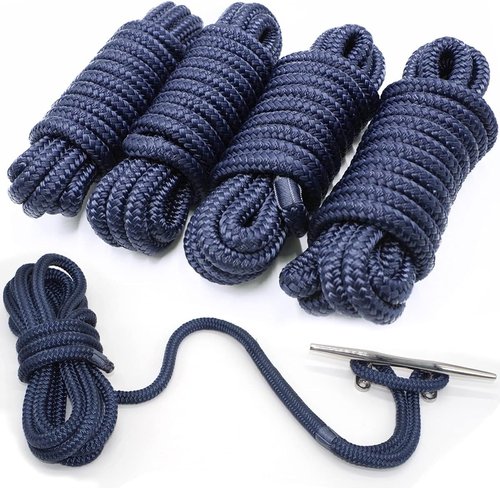Marine-Grade Dock Lines by Hi-Performance | 4 Pack 1/2” X 15’ Double-Braided Nylon with 12” Eyelet - Navy Blue