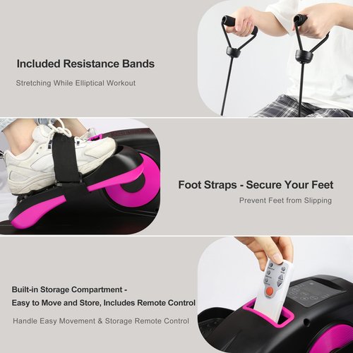 Under Desk Elliptical Machine, Mysuntown Ellipse Leg Exerciser for Seniors Fully Assembled, Quiet & Portable Electric Seated Pedal Exerciser, Fluorescent Pink and Black