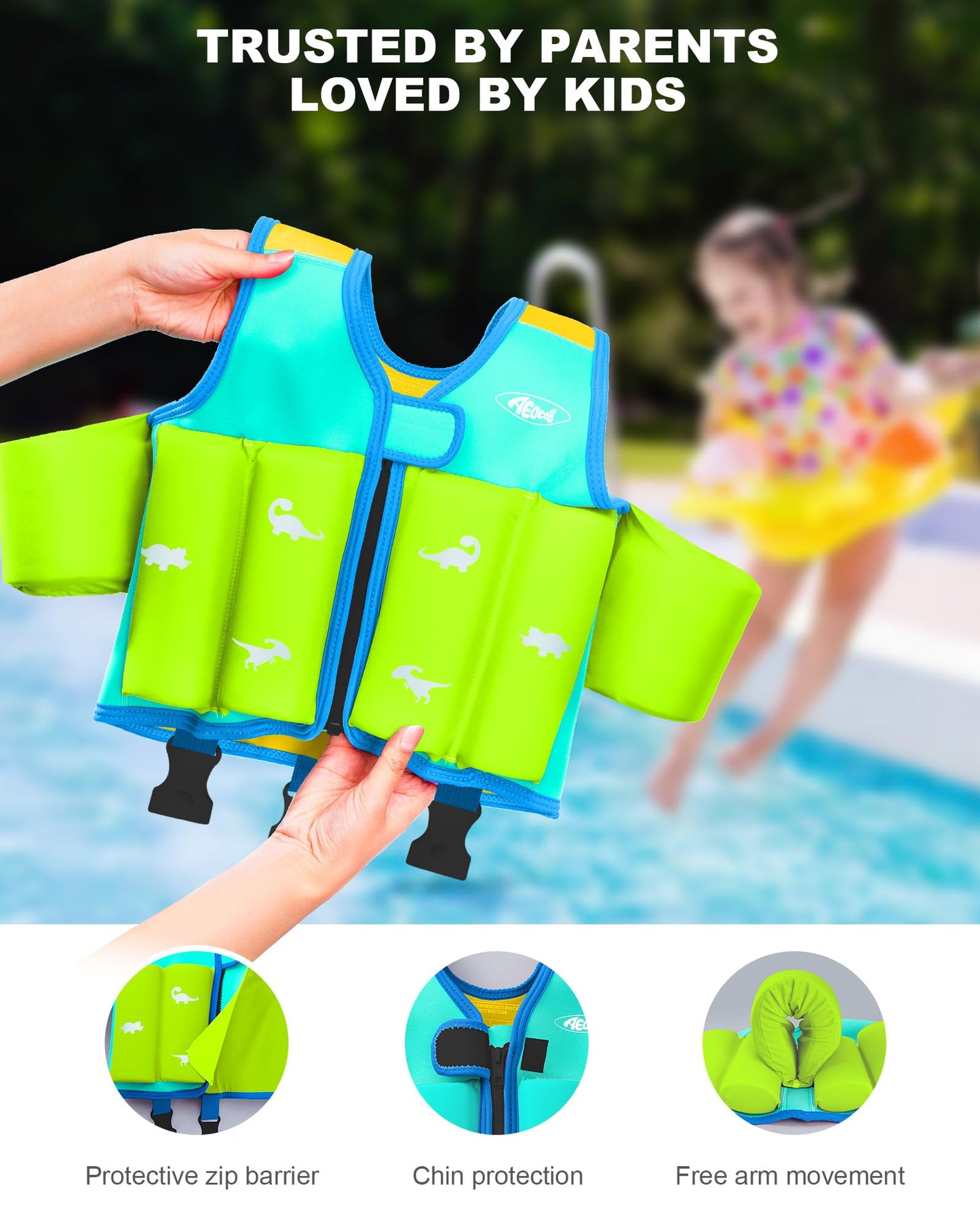 AEOCOO Kids Pool Floaties 1-2-3-5-7-9 Years Old, Toddler Swim Vest 20-30-50-70 Pounds, Comfortable Extended Wear Kids Float Jacket with Crotch Strap, Bright Design and Unpadded Sides, Blue
