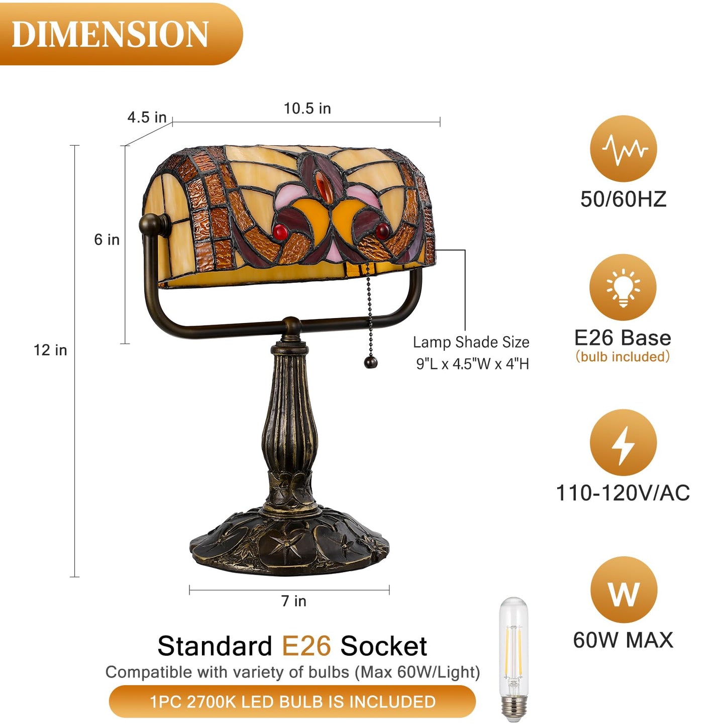 Tiffany Style Bankers Lamp - Stained Glass Desk Lamps with Baroque Design & Pull Chain, Vintage Table Lamp Bankers Desk Light for Office Bedroom Nightstand Living Room LED Bulb Included