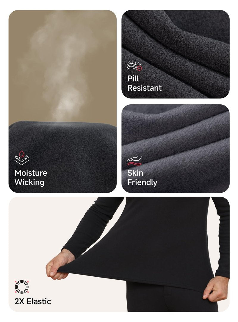 TRENDOUX Long Johns For Men Thermal, Soft Winter Wool Top And Bottom Sets, Thick Moisture Wicking Thermal Underwear, Stretchy Knitted Inner Wear For Running, Hiking, Cycling Black M