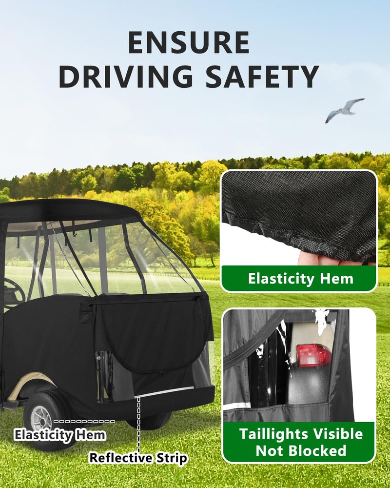 Golf Cart Enclosure 4 Passenger Short Roof 58” for Club Car Precedent Tempo 2+2 Seater,600D Clear Rain Cover Driving Enclosure,Roll Up 4 Sided Transparent Windows&Door,Side Mirrors Zipper Openings