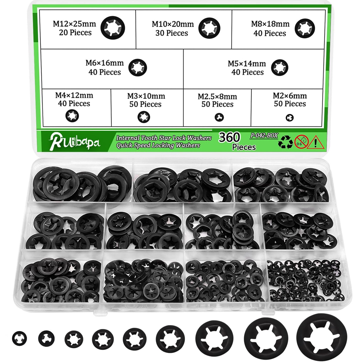 Ruibapa 360 PCS Internal Tooth Star Lock Washers 9 Sizes Push On Locking Washers Speed Clips Fasteners Assortment Kit