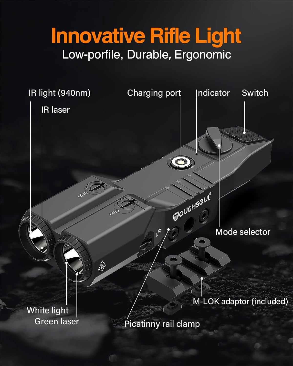 TOUGHSOUL Tactical Flashlight with Green Laser & IR Illuminator | 4-in-1 Rechargeable Rifle Light
