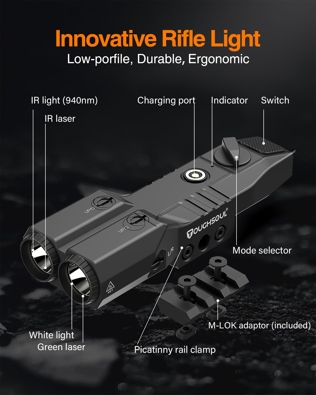 TOUGHSOUL MLOK Picatinny Mounted 1450 Lumen Flashlight 940nm IR Illuminator Infrared Flashlight Combo, Low-Profile Tactical Light with Built-in Rechargeable Battery (MLOK Mounted)