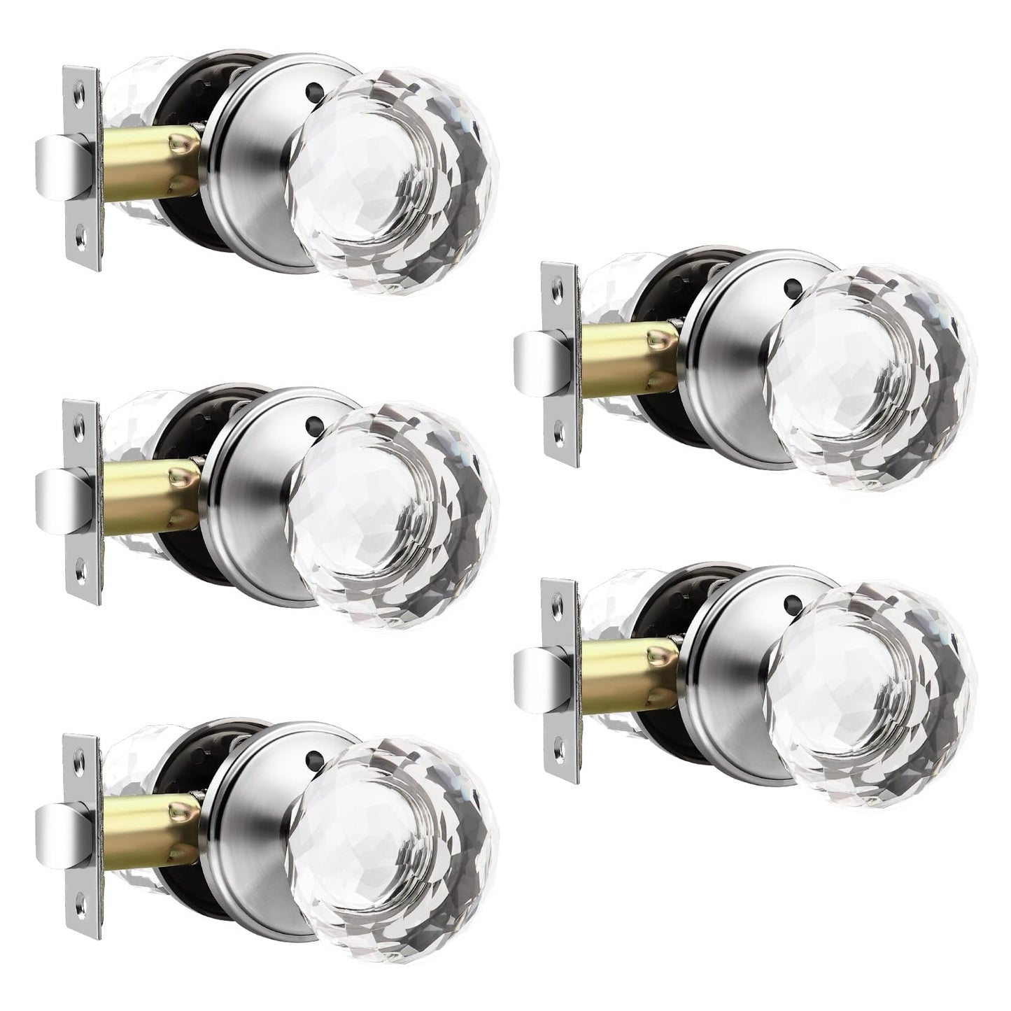 Lepushom 5 Pack Crystal Door Knobs Interior, Elegant Satin Nickel Glass Door Knobs, Keyless Privacy Door Locks for Bedrooms and Bathrooms