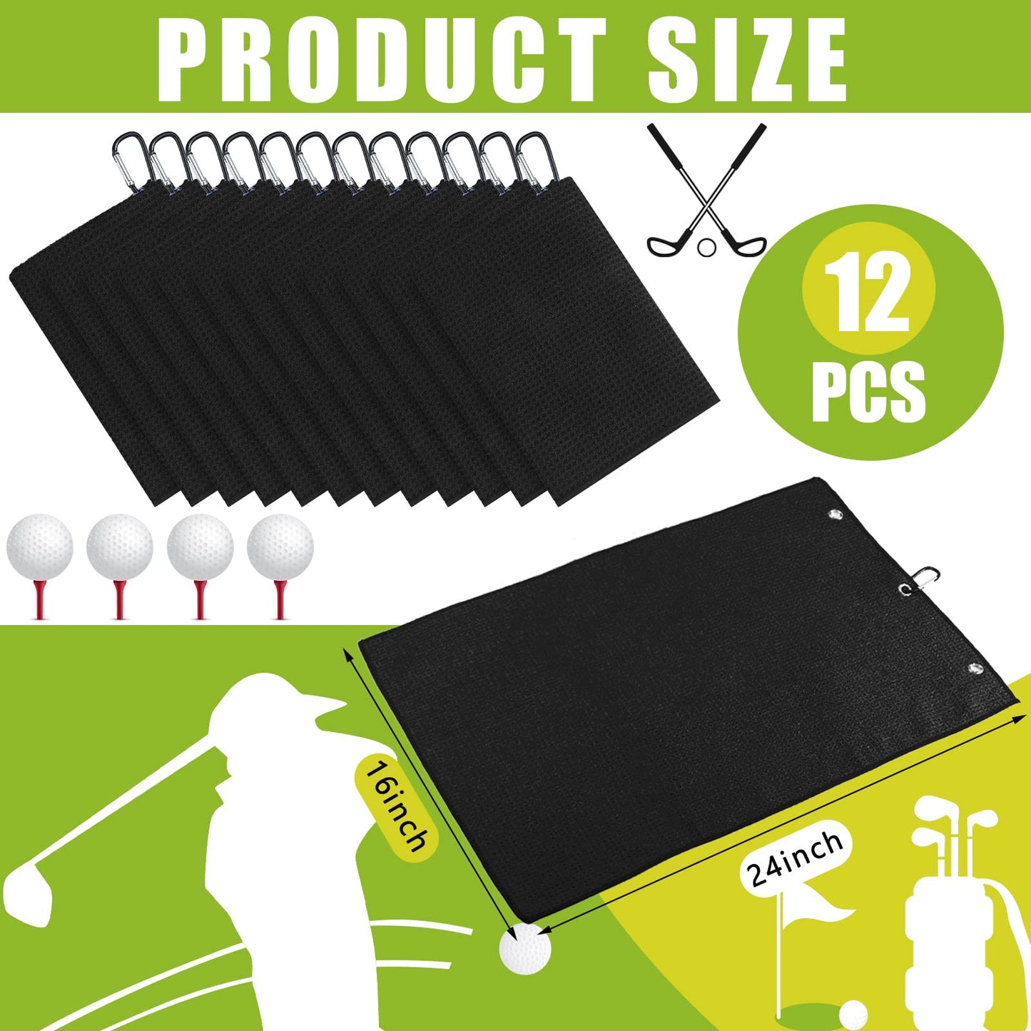 Meanplan 12 Pcs Microfiber Fabric Golf Towel 16 x 23 Inch Tri Fold Towels for Golf Bags with Heavy Duty Clip Waffle Pattern Towel for Men Women Club Gifts(Black)