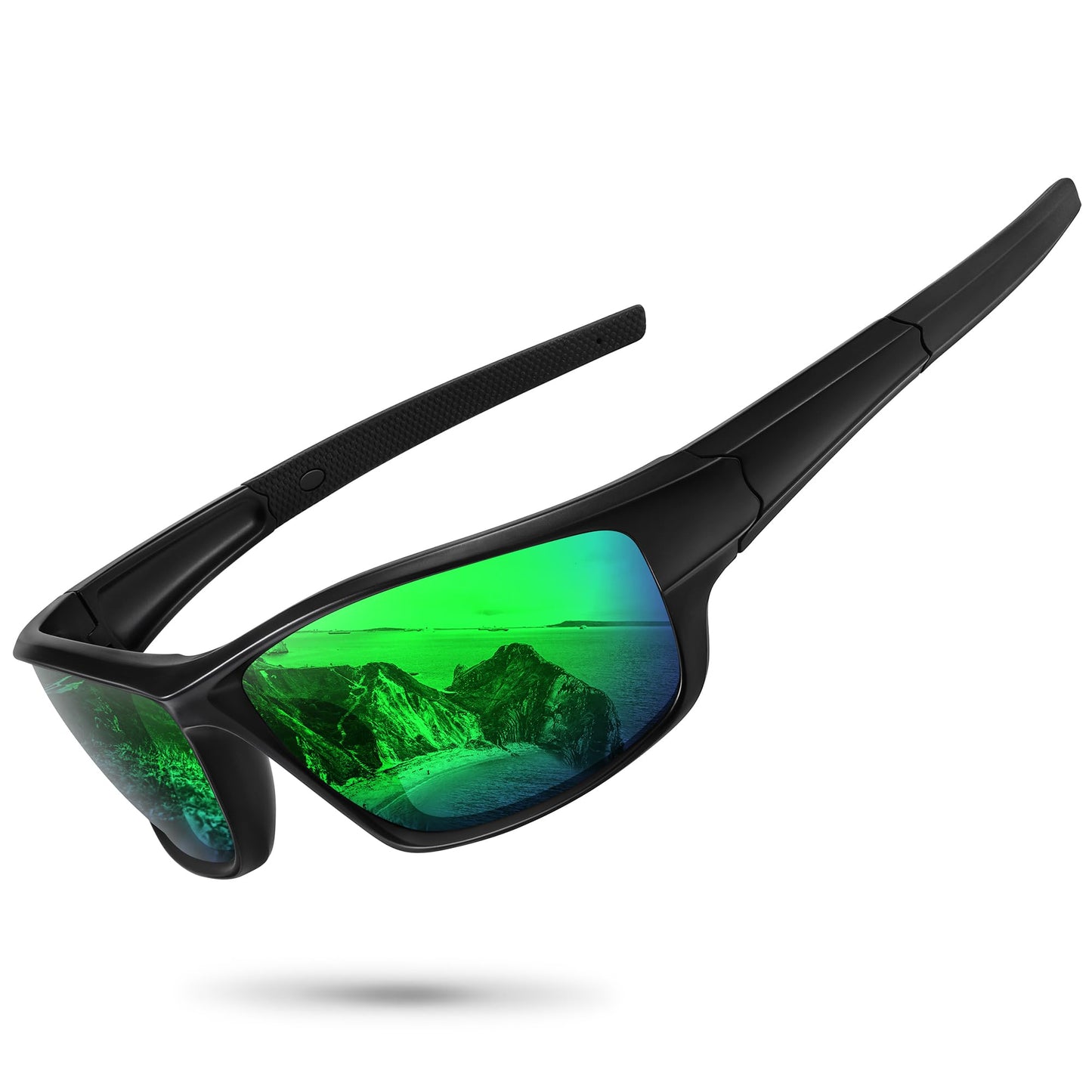 Ofwin Polarized Sports Sunglasses for Men Women Driving Cycling Fishing Wrap Around Sun Glasses UV400 Protection Matte Black Frame/Green Mirror Lens