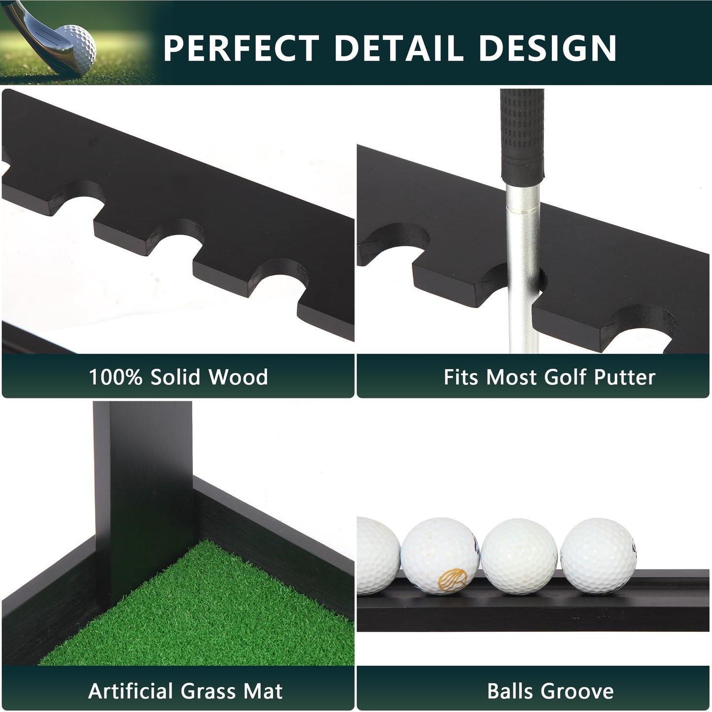 Xnwouco Golf Putter Stand, Golf Club Holder Stand Floor Display Rack - Holds 8 Clubs & 12 Balls with Artificial Grass Base, Wood Outdoor Golf Club Organizer for Indoor, Home, Office, Golf Club, Black