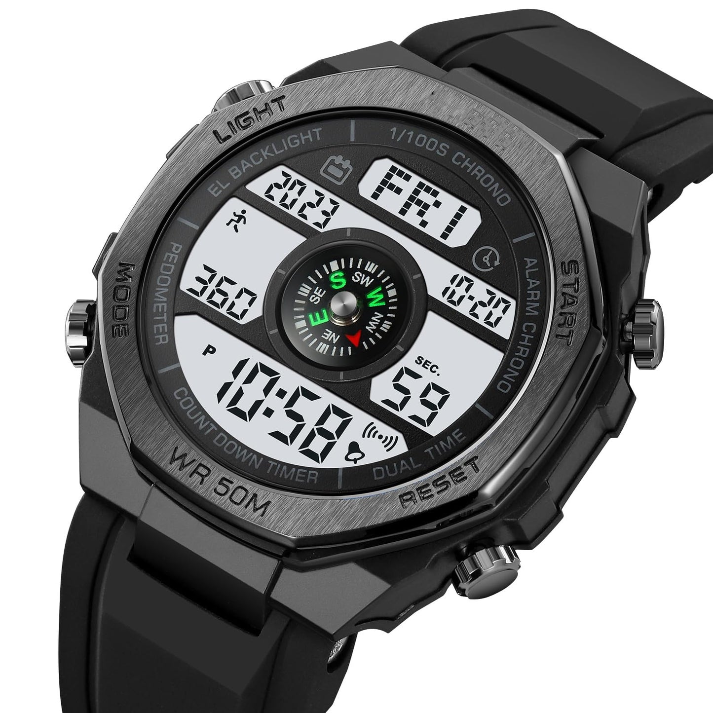 TOOCAT Multifunctional Outdoor Wristwatch (Unisex), 50m Water-Resistant Digital Watch with Step and Calorie Tracking, No Phone Connection Required, No Charging Needed (Black/White)