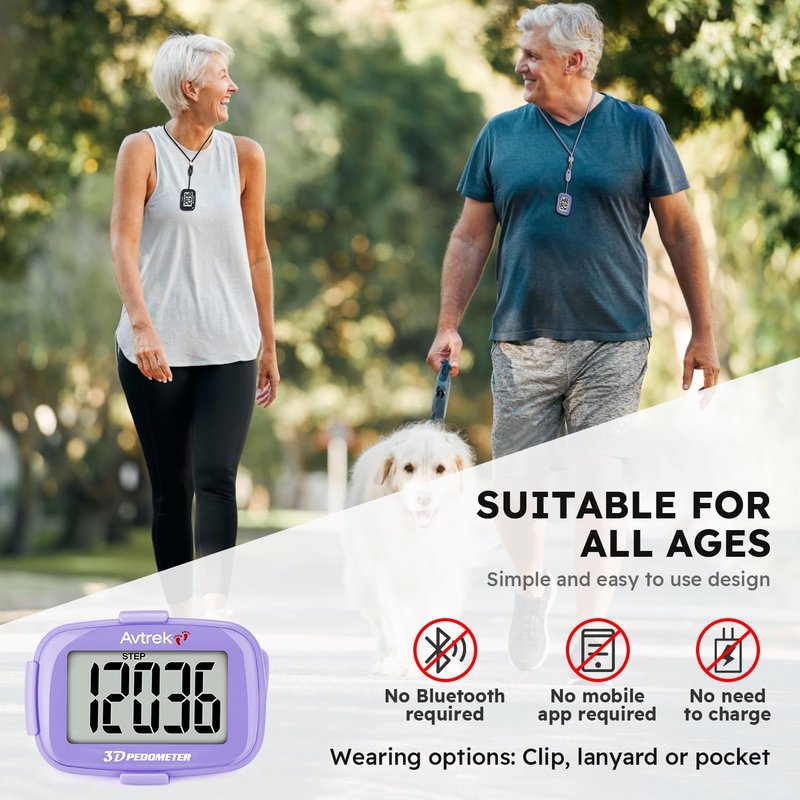 AVTREK 3D Pedometer Clip On-Step Counter for Walking-No App No Phone-LED Backlight-Accurate Step Tracker Clip for Women,Men,Senior(Purple)