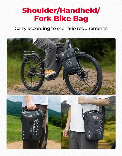 KEMIMOTO Bike Fork Bag, 10L Fully Waterproof Bicycle Front Pannier Bag, Mountain Shoulder Tool Bag with Metal Tray for Ebike Front Rack, Cycling Storage for Side Packing & E-Scooter Accessory (Black)