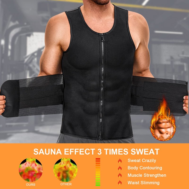 ZOUYUE Mens Sweat Sauna Vest for Waist Trainer, Sweat Sauna Suit Zipper Neoprene Workout Vest for Men with Adjustable Double Belt & Tank Top-S
