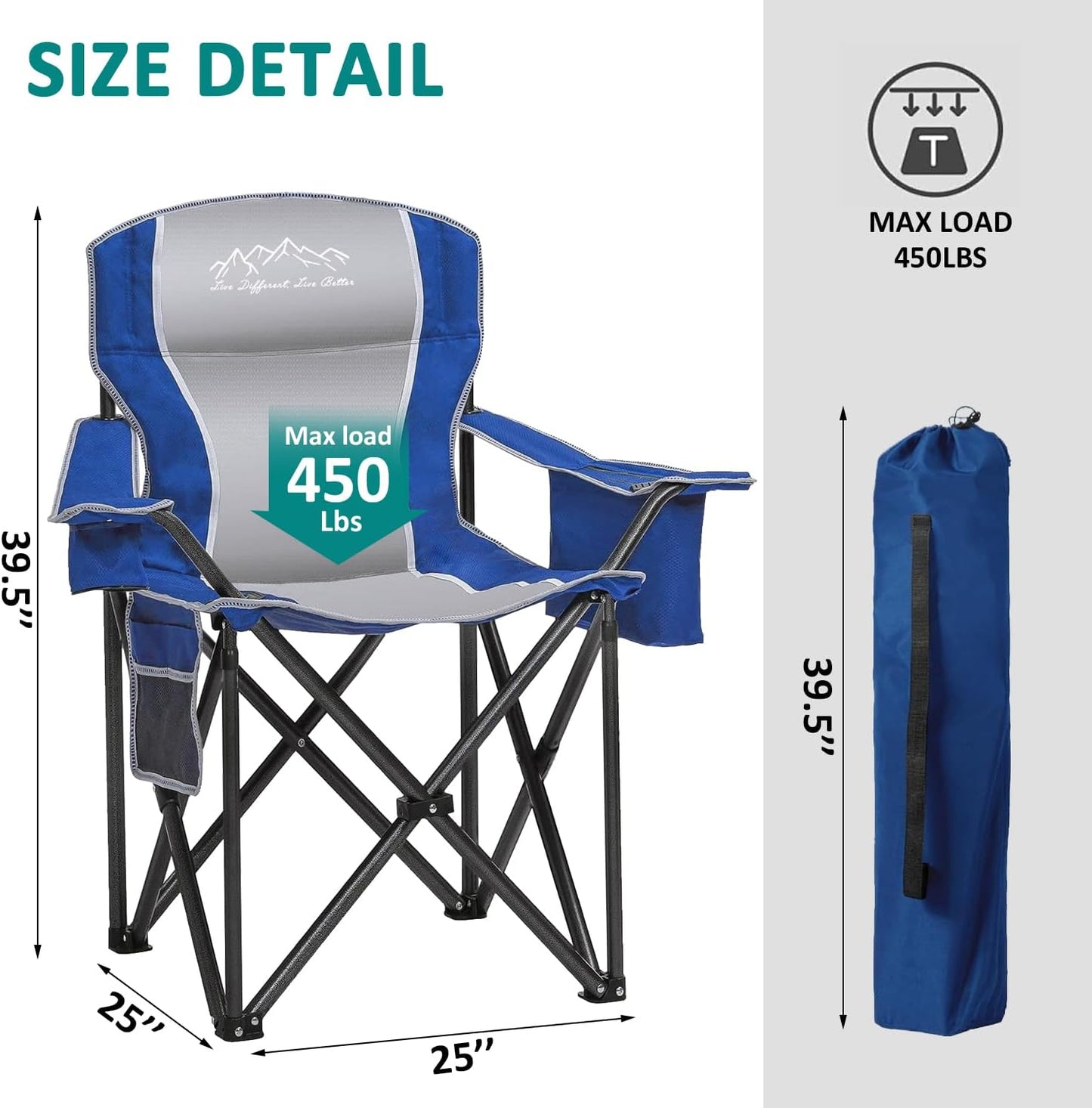 Regine Switzerland Heavy Duty Camping Chairs - 500lbs Capacity, High Back, Portable with Cooler Bag & Cup Holder, Blue | 2 Pack