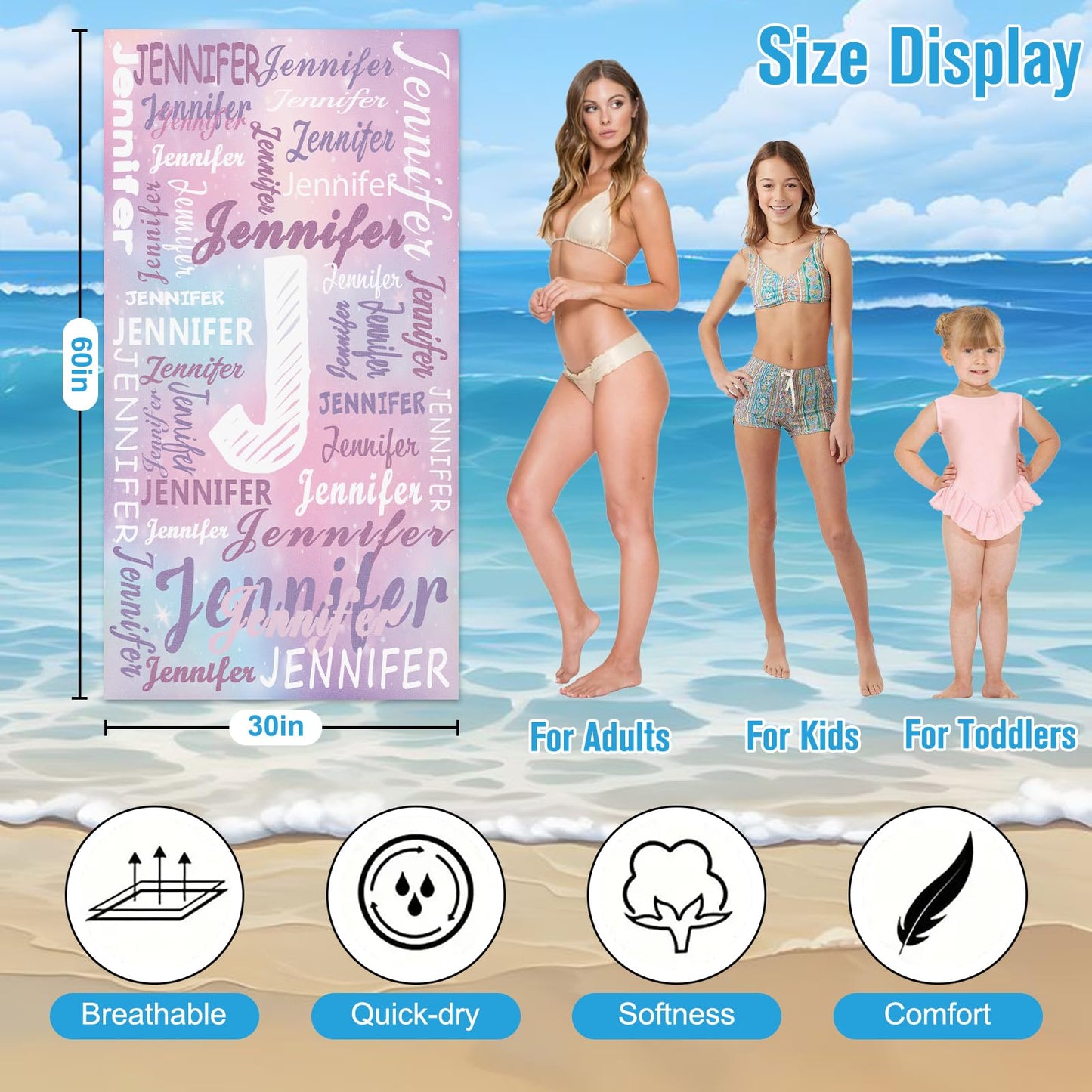 Yoltotude Personalized Kids Beach Towels Custom Sand Free Microfiber Beach Towel with Names & Monogram Customized Quick Dry Pool Towels for Girls Boys Standard Size Easter Gifts for Kids