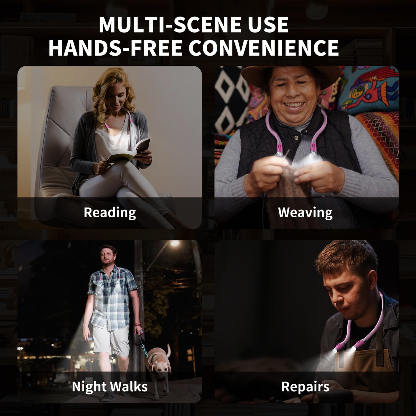 LUXJET Neck Reading Light & Book Light for Reading in Bed - Hands Free, 6 Brightness Levels, 360° Flexible Arms, 80-Hour Rechargeable - Reading, Knitting, Camping, Repairing (Pink-New)