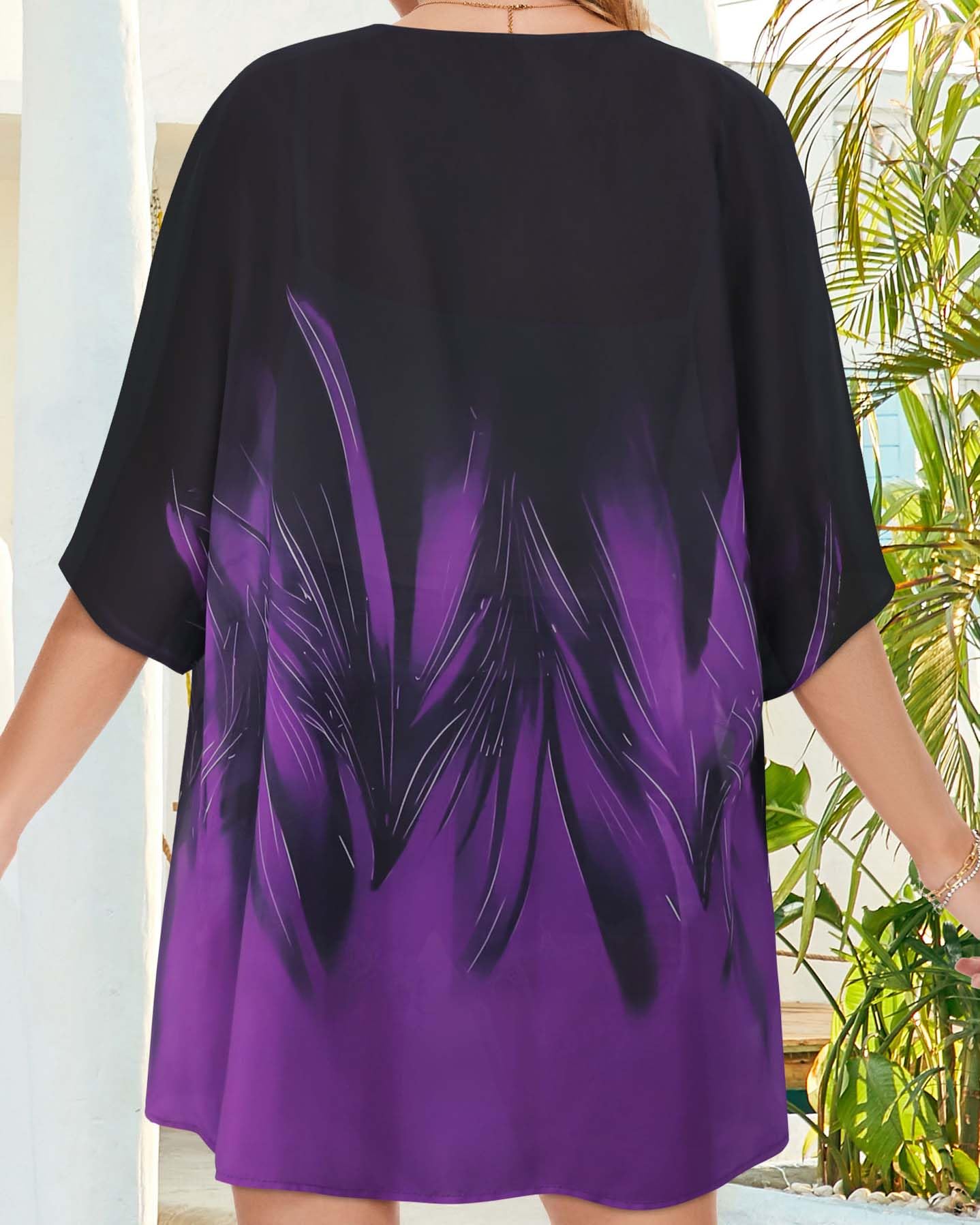 Women's Floral Kimono Print Puff Sleeve Loose Cardigan Cover Up Casual Blouse Tops (Turbo Purple Black, 3XL)