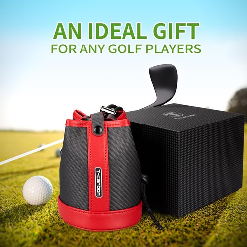 T-carbon Travel Gear Professional Valuables Golf Pouch;Bucket Waist Design Bag with Drawstrings;Carbon Fiber and Leather Golf Tee Bag for Glofers Men Women Very Practical RED