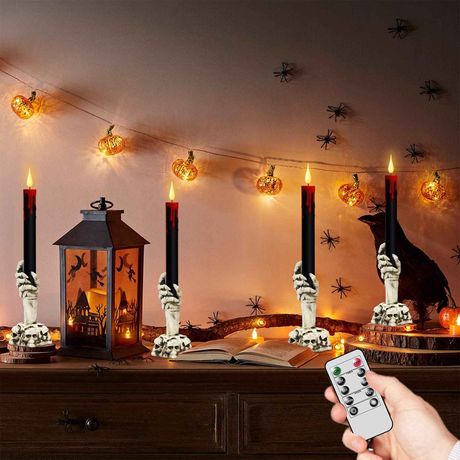 GenSwin Halloween Black Taper Flameless Candles with Ghost Hand Candlesticks and Remote Timer, 2 Pcs Battery Operated Taper Candles with Holder and 3D Flame for Halloween Decor