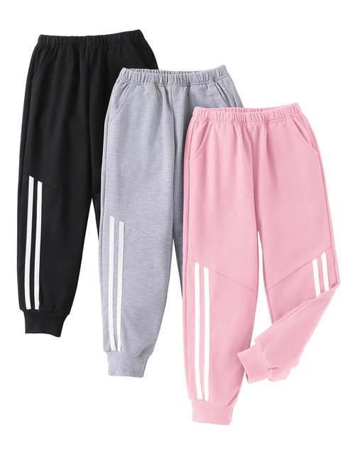 EDFTM Girl Sweatpants Kids Workout Jogger Cotton Casual Active Playwear Pants 3-Pack Pink/Light Gray/Black 5-6 Years