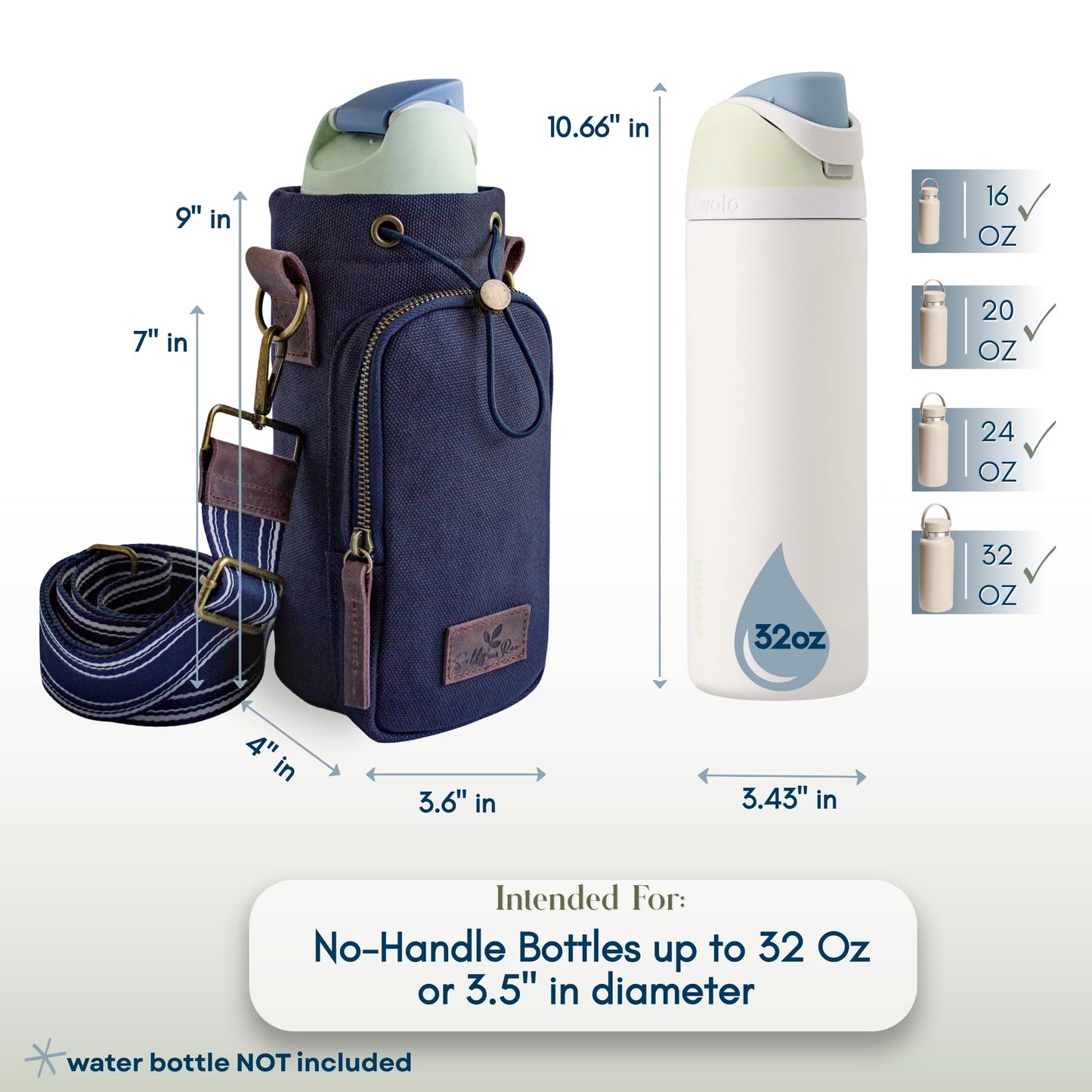 Solly and Rue Water Bottle Holder with Strap & Pocket – Crossbody Navy Water Bottle Carrier - Genuine Leather & Durable Cotton Canvas – Fits 16 to 32 oz Bottles – Ideal For Travel & Outdoor Use