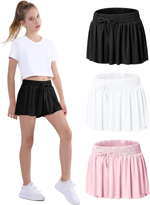 EXARUS Girls Butterfly Shorts - Flowy Athletic Dance Skorts for Teens | Preppy Outfit for Ages 6-14Y