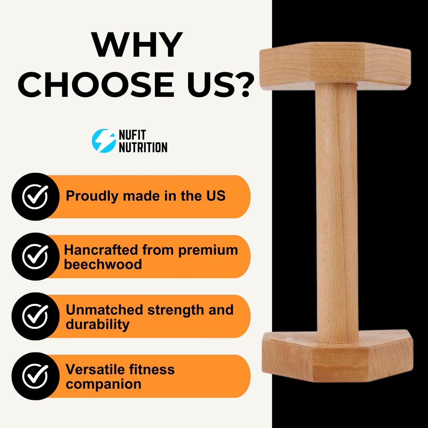 NuFit Premium Push Up Bars & Wooden Parallettes, Non-Slip Beech Wood Calisthenics Bars for Wrist Support, Push Up Stands for Home/Gym Dips & L-Sits, Pack of 2