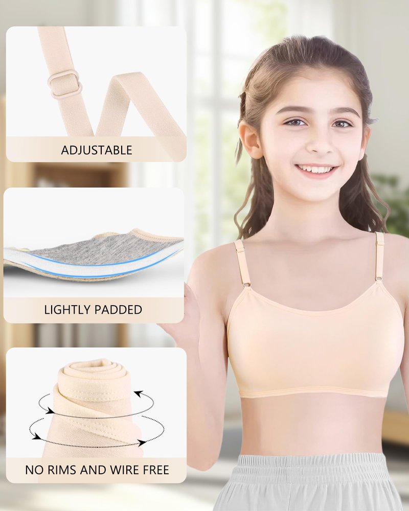 Nubofy Girls Training Bra Teen Bras Everyday Big Kids Padded Bra 8-10 10-12 12-14 14-16 Years Old