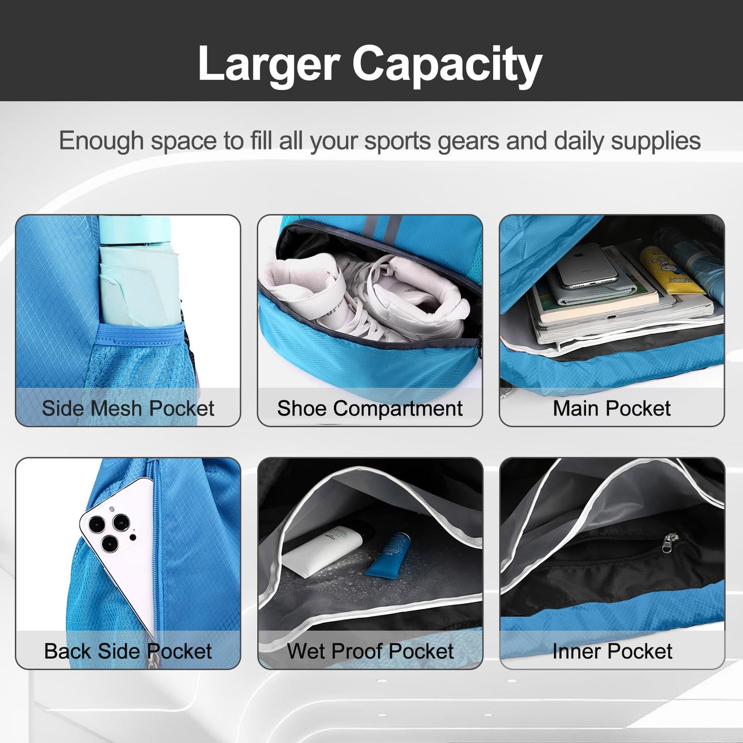 Sports Drawstring Backpack - Swim Gym Bag for Women and Men, Sky Blue