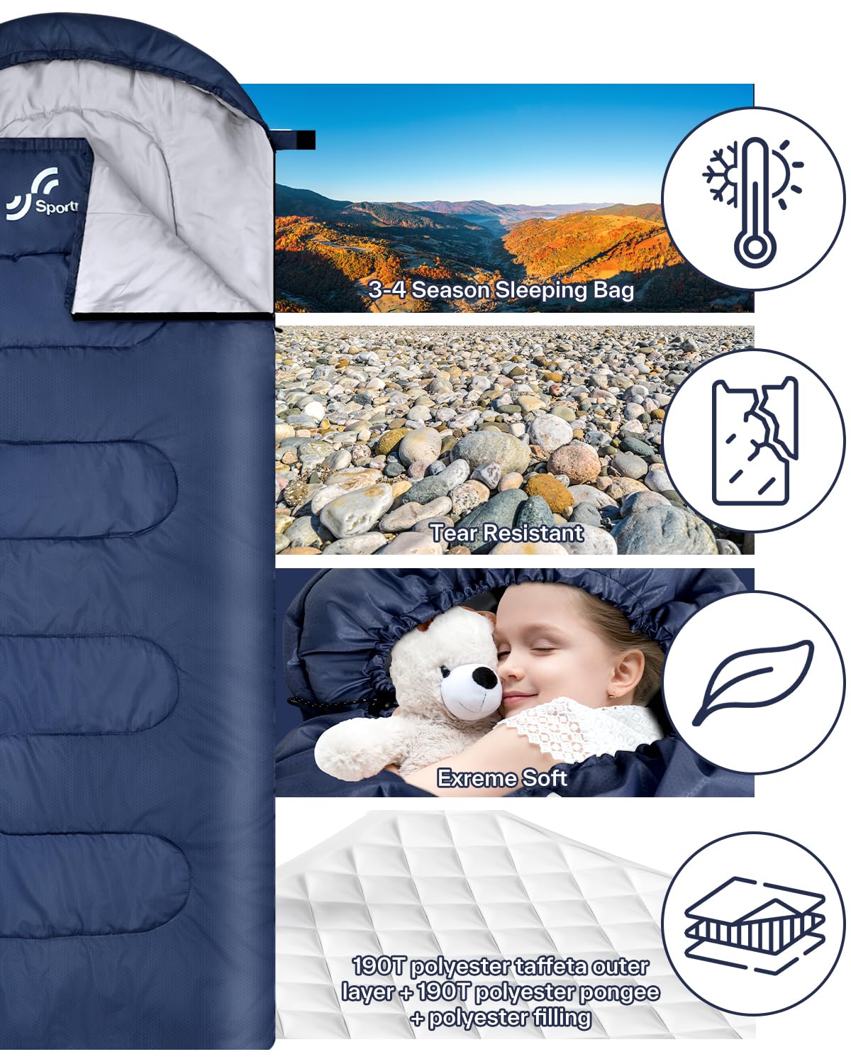 Sportneer Sleeping Bag for Adults & Kids, Cold Weather & Warm Waterproof Camping Sleeping Bag, Compact Portable for Camping Hiking & Travel