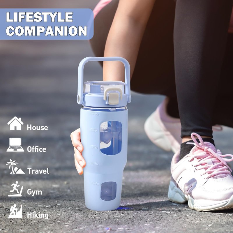 BLUEGO 32oz Glass Water Bottles with Straw Time Marker Half Gallon Large Motivational Water Bottle with Silicone Sleeve 2 Liter Large Glass Water Jug for Gym, Sports& Workout, Daily, Light Blue