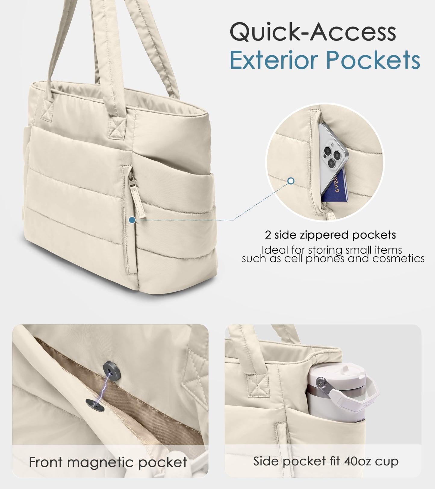 Uselike Tote Bag for Women with Zipper, Quilted Puffer Tote Bag with Compartments, Lightweight Puffy Work Bags for Women
