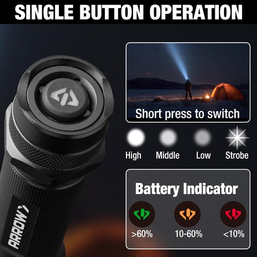 Arrow Rechargeable Flashlights 2000 Lumens, Bright LED Flashlight with High/Medium/Low/Strobe Modes, Zoomable Flash Light with 4600mAh Battery, USB-C Charging for Repair, Outdoors & Emergency