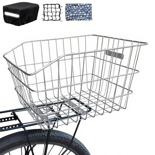 MATTISAM Large Stainless Steel Bike Basket Rear, Tool-Free Install, Bicycle Back Pet Dog Carrier, Silver, 17in(L) x13in(W) x9.8in(H), with Waterproof Cover, Cargo Net