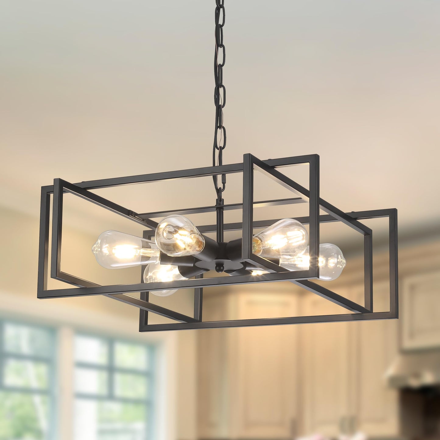 Febeleven 19.7" Matte Black Industrial Pendant Light, Hight Adjustable, 6-Lights Rustic Vintage Metal Chandelier Light Fixture for Kitchen Island Hallway Dining Room