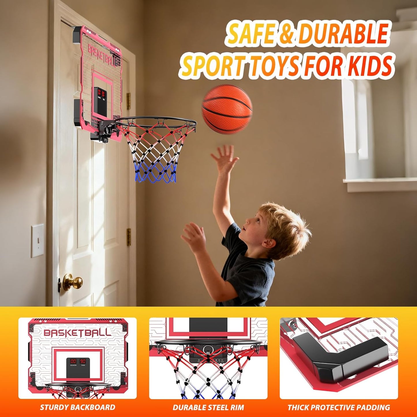 Skiennix Indoor Mini Basketball Hoop - Over The Door Design with LED Lights & Sound Effects | Includes 3 Balls, Perfect Sports Gift for Kids Ages 6-12