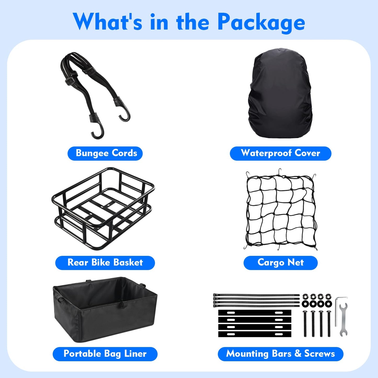 Rear Bike Basket, Large Bicycle Rear Basket with Liner, Cargo Net and Waterproof Cover, Bike Baskets Rear Bike Back Baskets Bicycle Baskets (18 * 13 * 5.9)