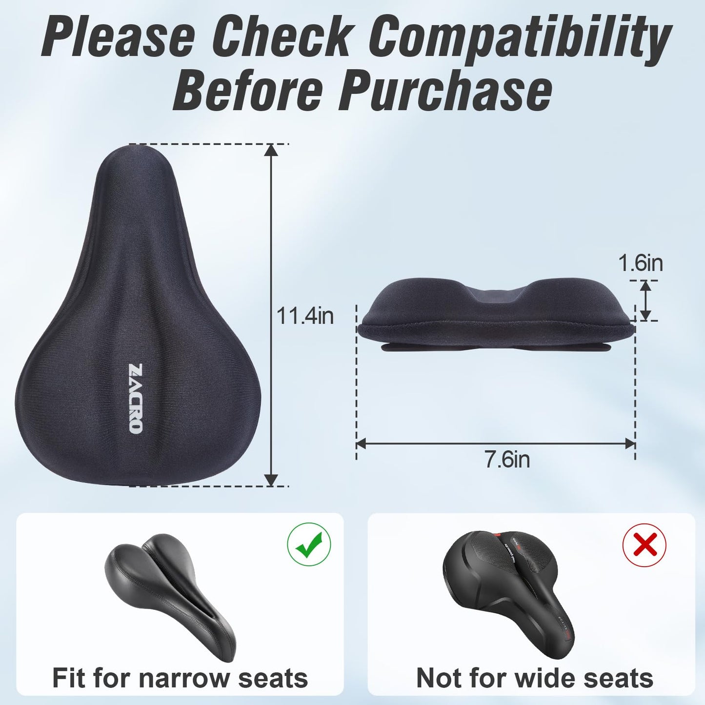 Zacro Bike Seat Cushion - Gel Padded Bike Seat Cover for Men & Women Comfort, Adjustable Velco Secure Bicycle Cushion Saddle, Fit with Peloton Bicycle, Indoor & Outdoor