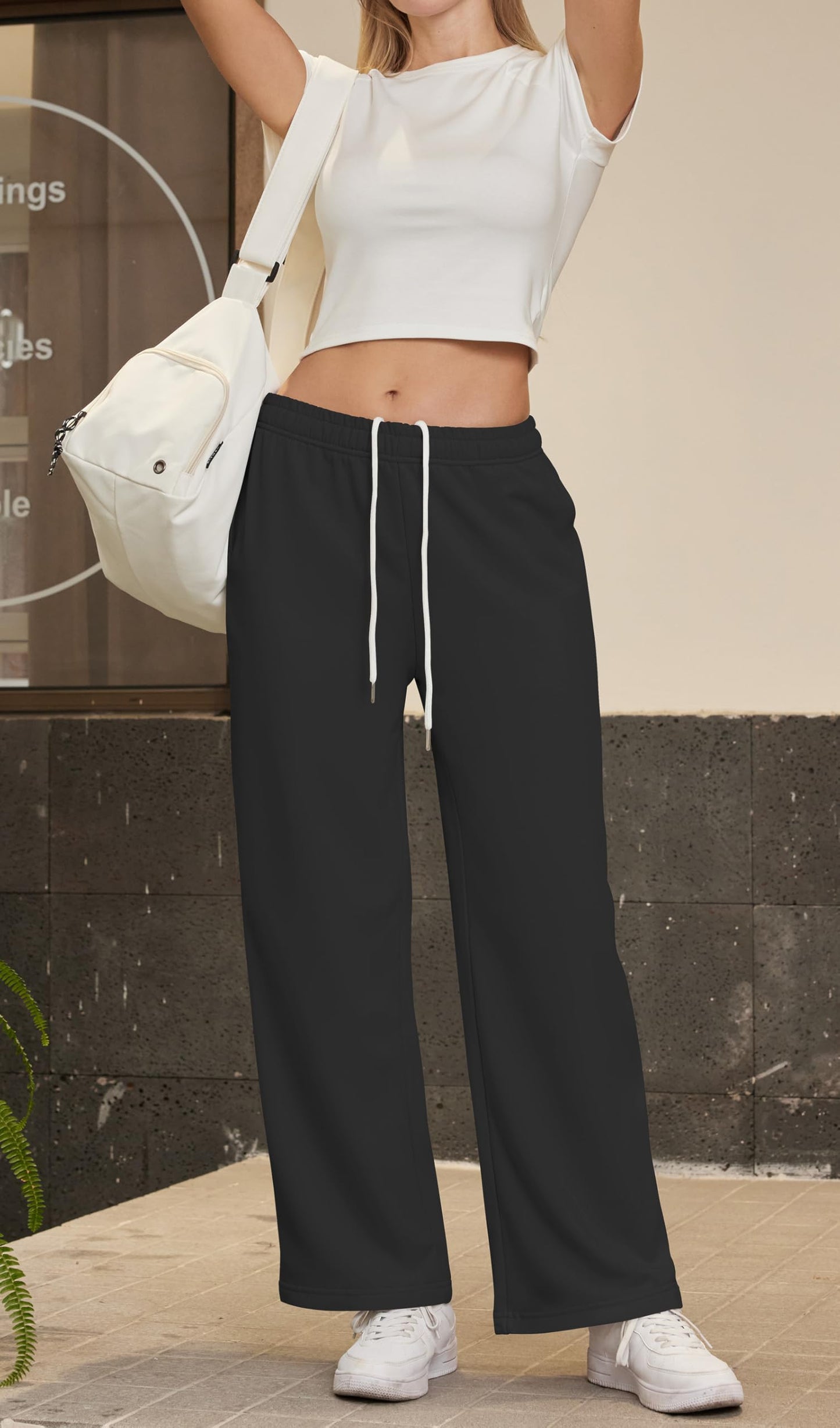 JEKAOYI Womens Sweatpants Wide Leg Drawstring Workout Casual Baggy Pants High Waist with Pockets Black