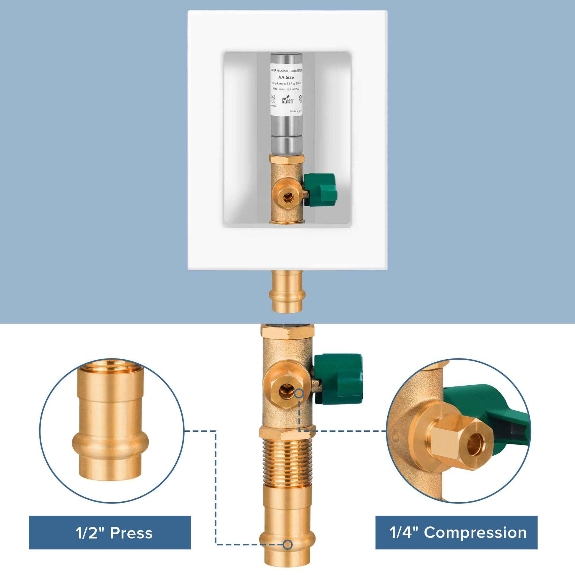 SECKWHALE Ice Maker Outlet Box with Water Hammer Arrestor, 1/2-Inch Press x 1/4-Inch OD Compression with 1/4-Turn Ball Valve, Ice Maker Valve Wall Box with Faucet, Absorb Shock and Reduce Noise