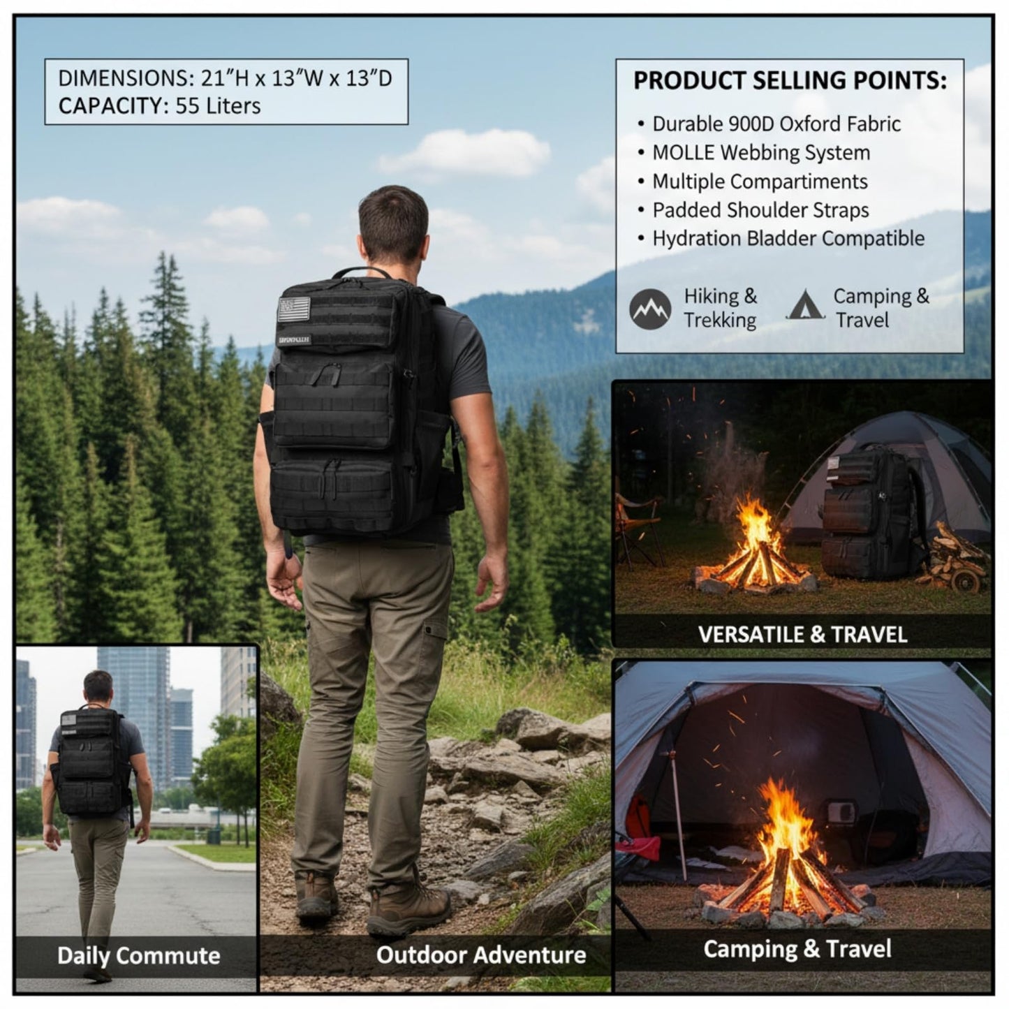 SEYATULLH Military Tactical Backpack 55L for Men & Women Bug Out Bag Assault pack Molle Daypack Hiking Trekking Rucksack (Black)