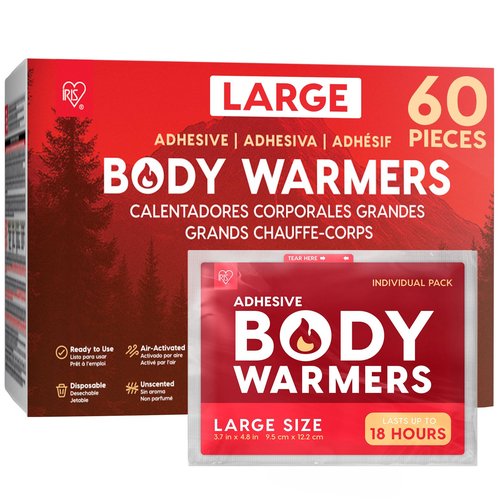 IRIS USA Hand Warmers, Jumbo or Large, 30/60 Individual Warmers, Regular/Adhesive Body Warmers Up to 18 Hours Disposable Handwarmers Bulk for Hot Hands Feet Chest Back Heat Pack, TSA-Approved, Outdoor