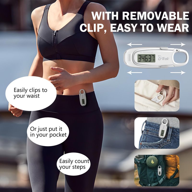 3D Pedometer for Walking with Removable Clip and Carabiner Simple Step Counter for Walking Accurate Clip On Step Tracker for Men Women Kids (White)